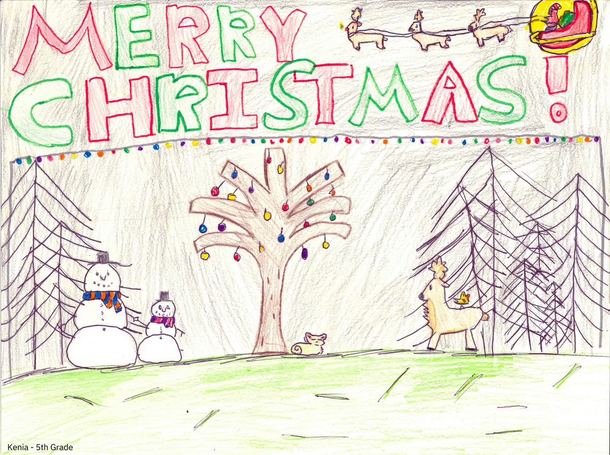 Student's artwork shows snowmen and a reindeer by a Christmas tree with Santa flying overhead and the message "Merry Christmas"